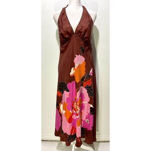 Banana Republic silk maxi slip dress floral tropical moca mouse brown women L